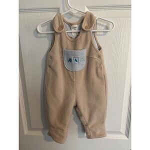 Baby Boys Car Truck Embroidery Fleece Jumpsuit Overalls 6M Tan Blue